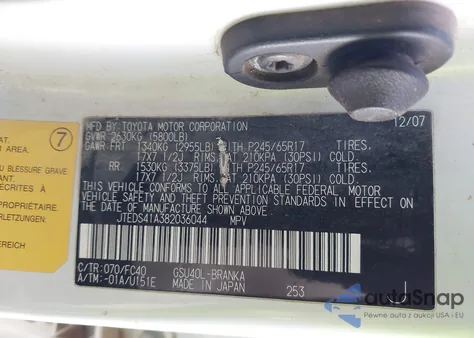 2008 Toyota Highlander z USA, uszkodzony, nr VIN JTEDS41A382036044